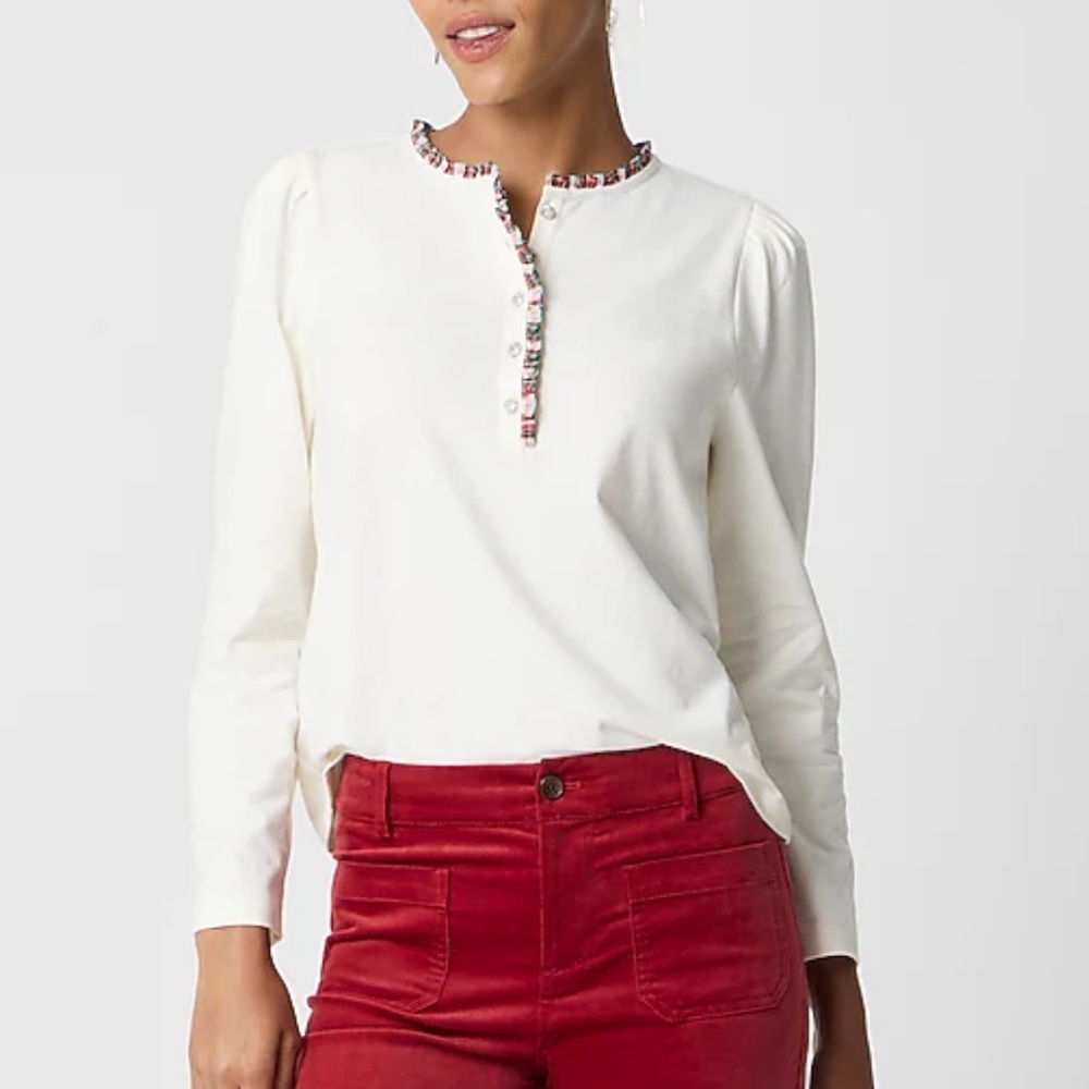 J Crew Factory Long-sleeve tartan and jewels henley top puff sleeves ivory XXL